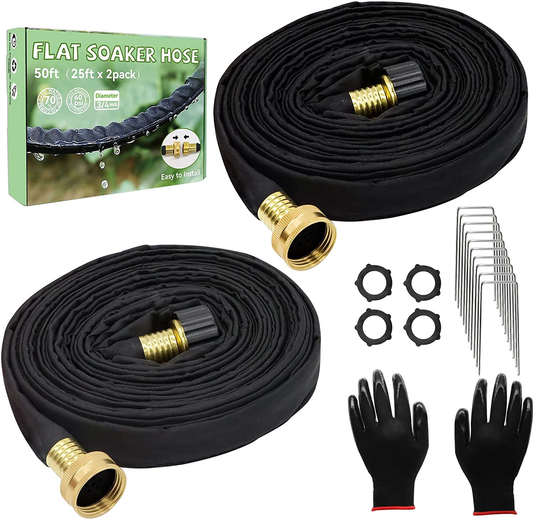 Soaker Hose, 25 Ft 2 Pcs Flat Garden Bed Hose Water Drip Irrigation Hose 3/4" Diameter Save 70% Water Consistent Drip Irrigation Heavy Duty Double Layer Sprinkler Garden Hose Vegetable (50 Ft total)